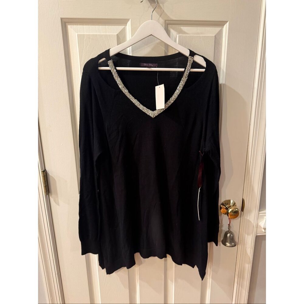 Olivia Sky Black Shoulder Slit Silver Embellished Sweater sz 1X NWT - Picture 1 of 8